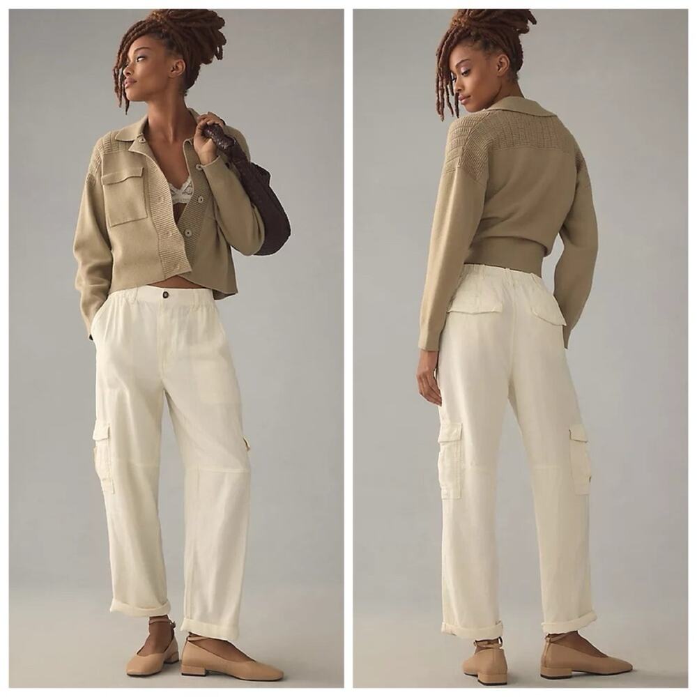 Pilcro Anthropologie Tall Slim Linen Blend Beach Cargo Utility Pants Off White